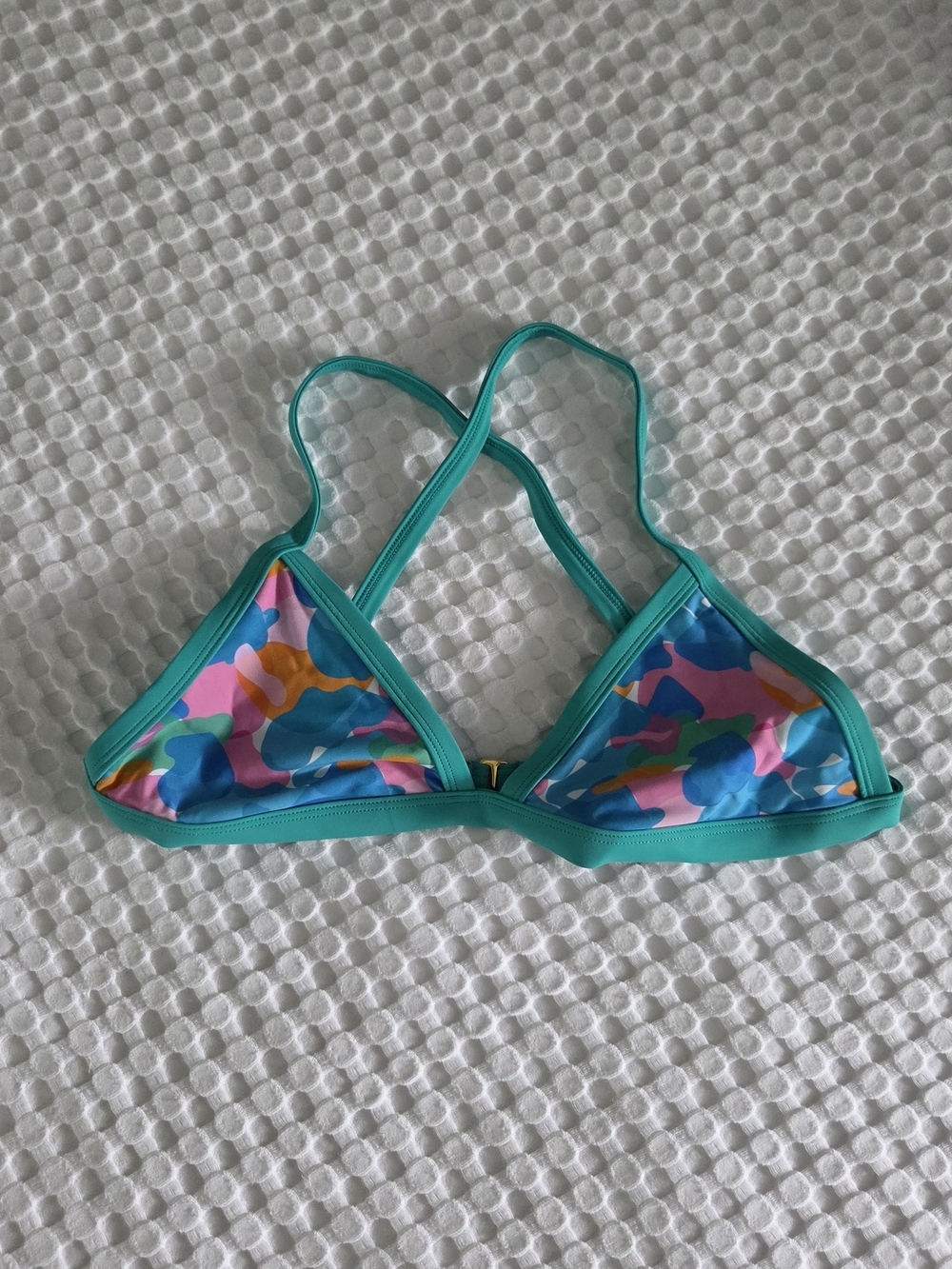 Turquoise Triangle Bikini Top with Multicolor Print
